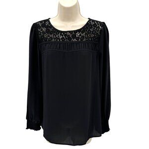 Loft Womens Black Lace Yoke Long Sleeve Blouse Size S